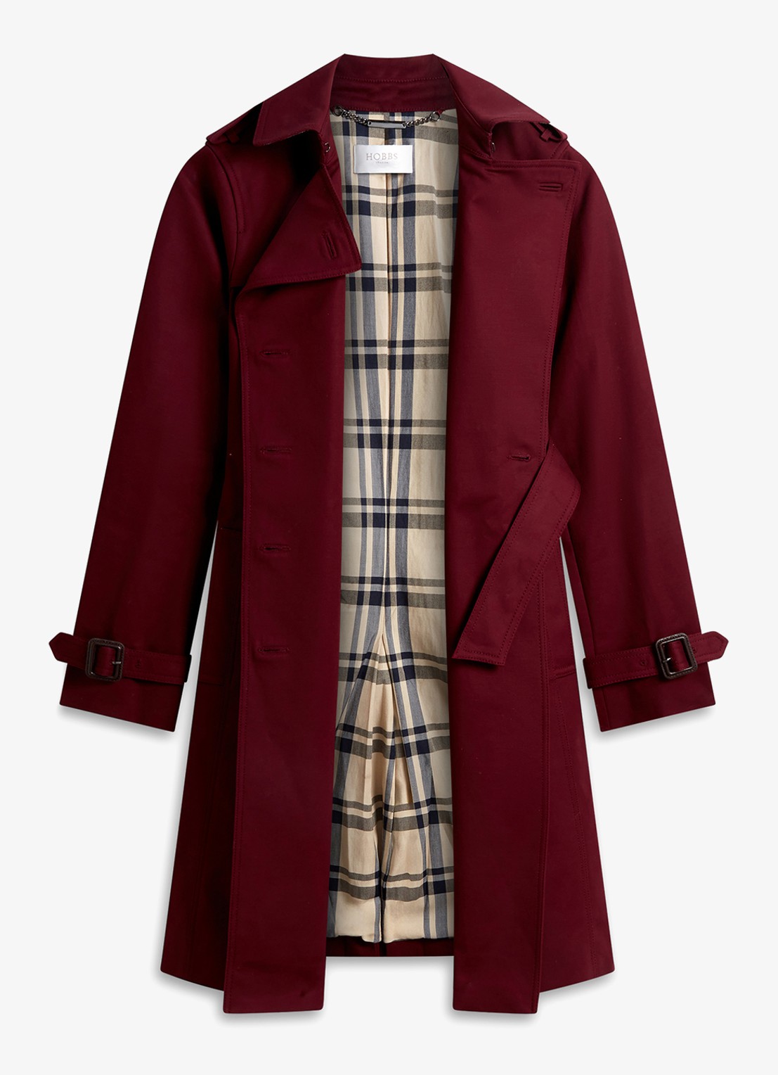 Hobbs Skylar double-breasted trenchcoat met strikceintuur - detail bordeauxrood