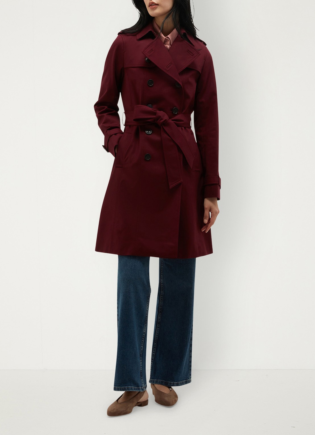 Hobbs Skylar double-breasted trenchcoat met strikceintuur - voorkant 7 bordeauxrood