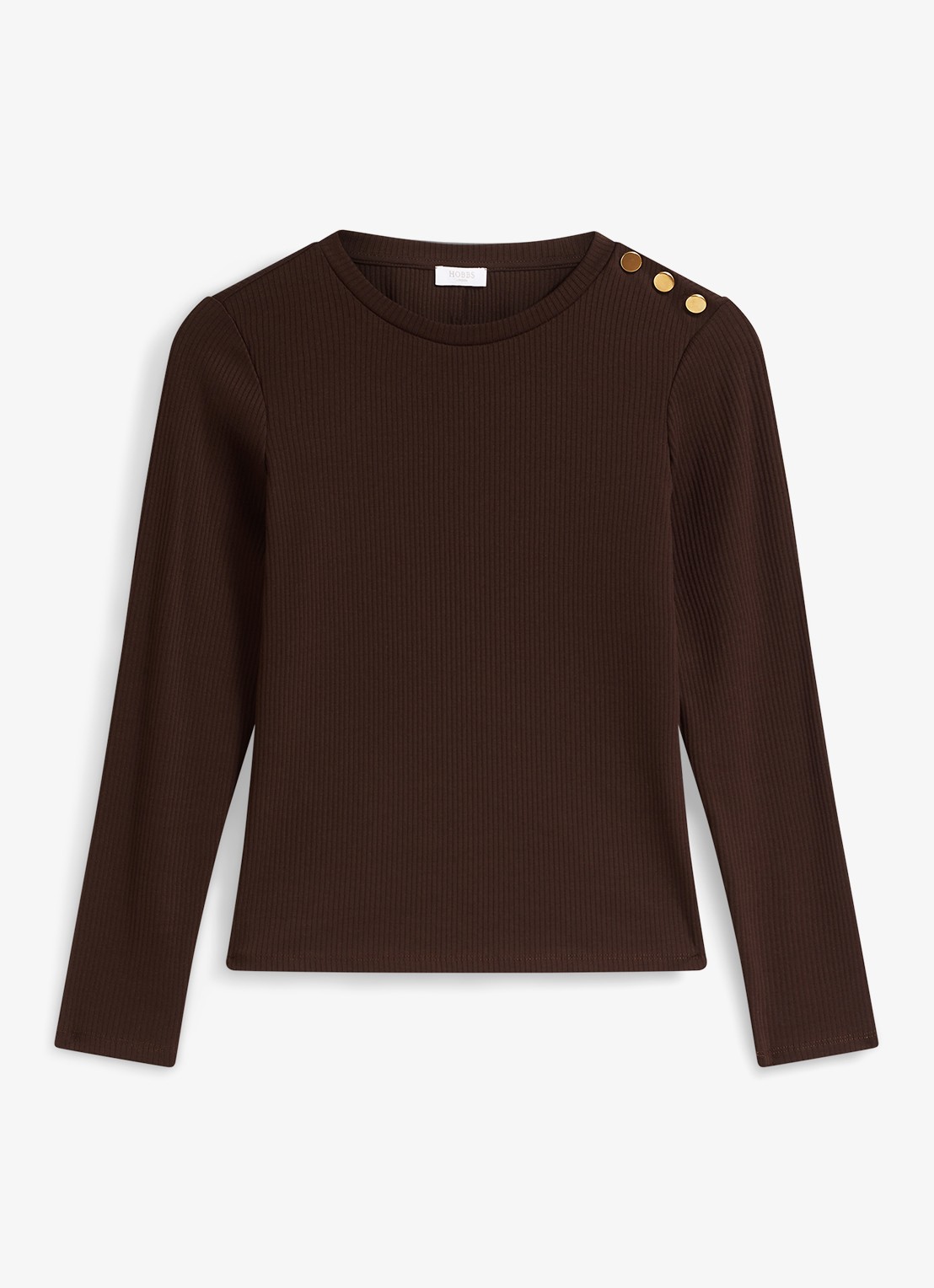 Hobbs Tamsin ribgebreide longsleeve met sierknopen - voorkant bruin