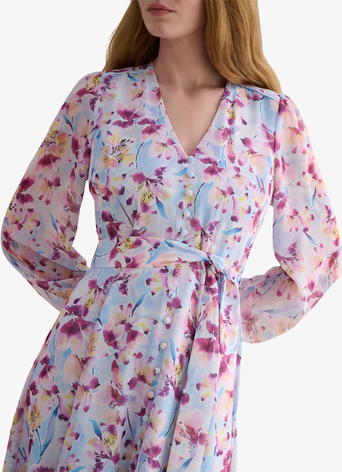 Hobbs Thea maxi blousejurk met bloemenprint en pofmouw - detail 4 lichtblauw