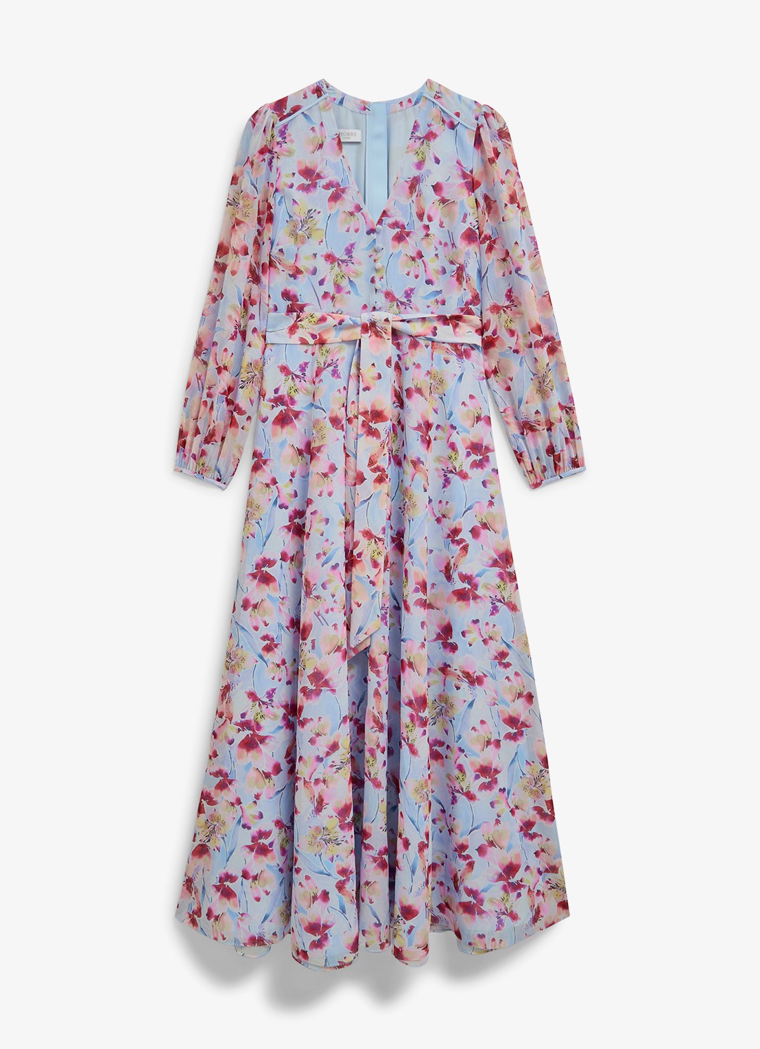 Hobbs Thea maxi blousejurk met bloemenprint en pofmouw - voorkant 2 lichtblauw