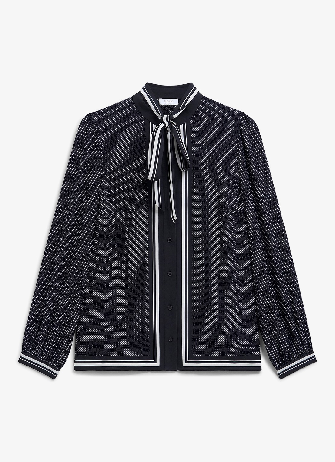 Hobbs Valerie blouse met stippenprint en sjaalkraag - voorkant donkerblauw