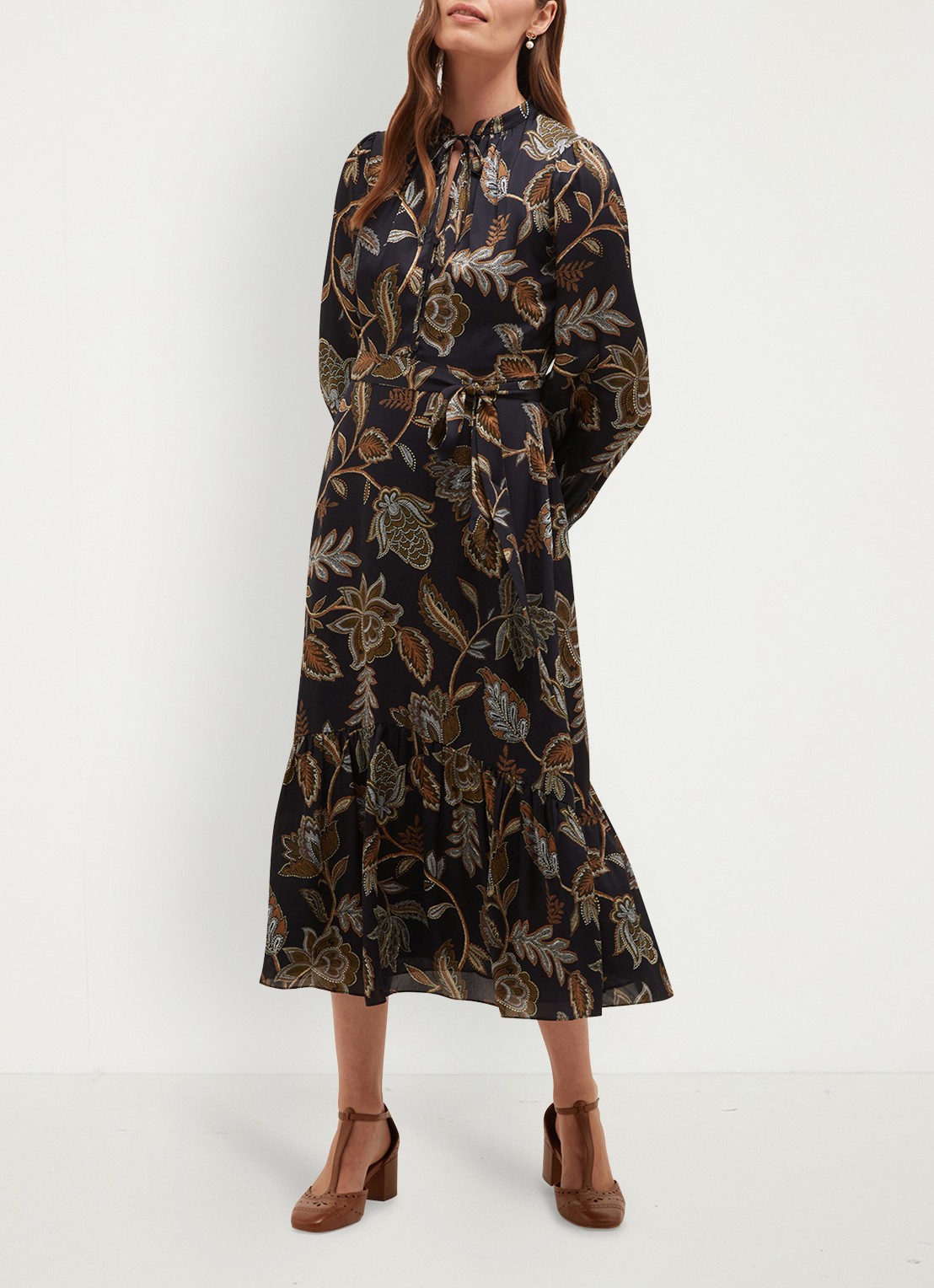 Hobbs Vespa midi jurk met bloemenprint - voorkant 3 donkerblauw