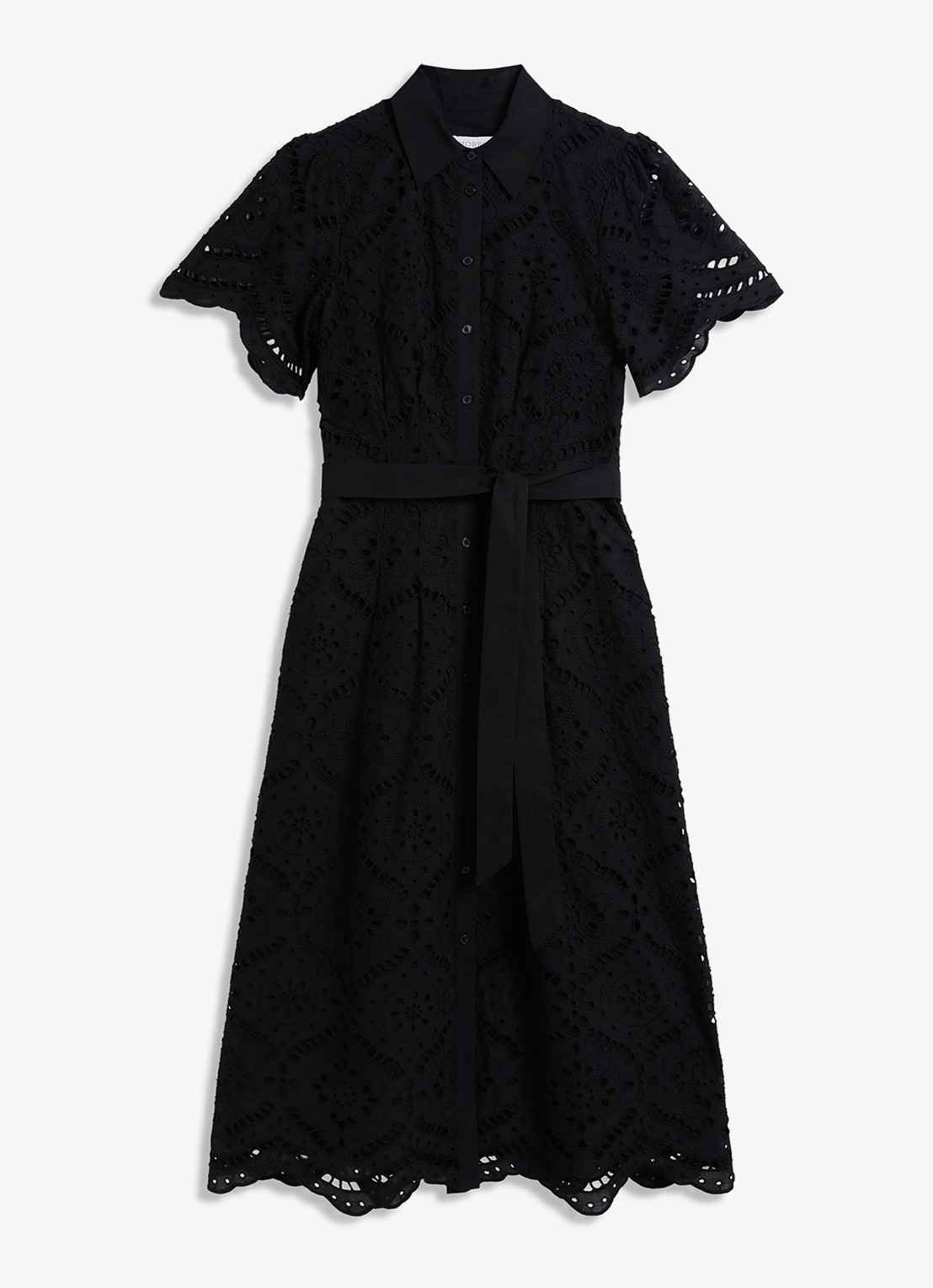 Hobbs Willa midi blousejurk met broderie en steekzakken - voorkant 5 zwart