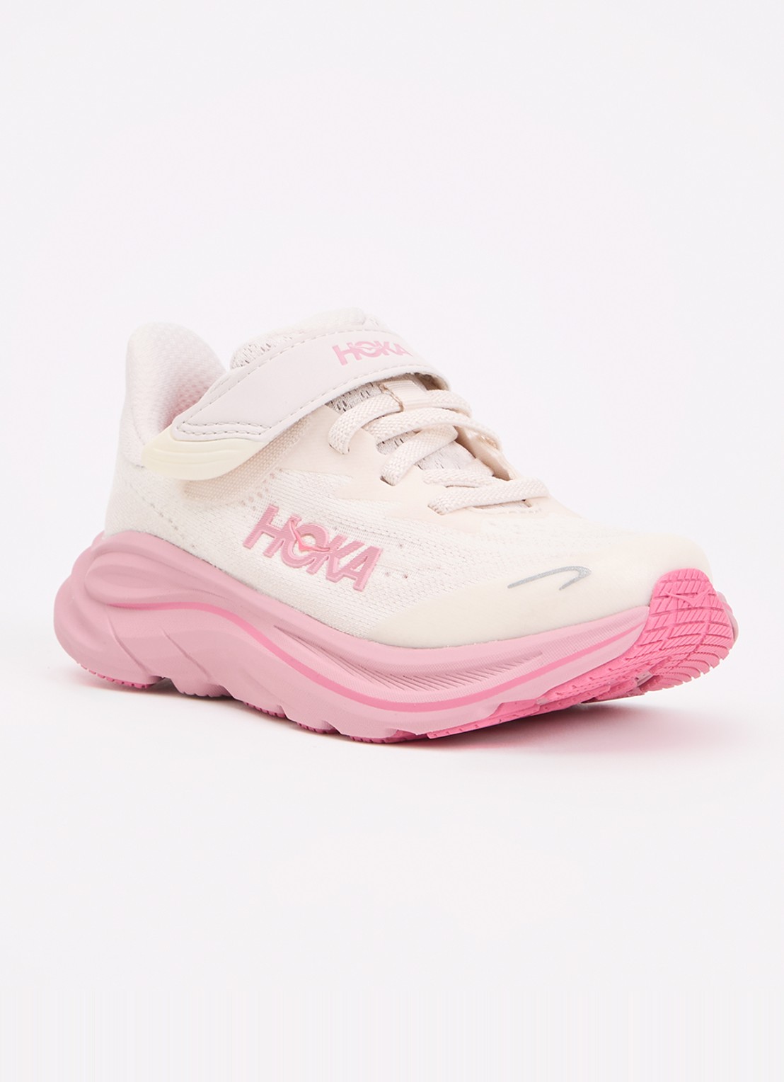 HOKA Clifton 10 hardloopschoen met gebreid bovenwerk en logo - voorkant roze