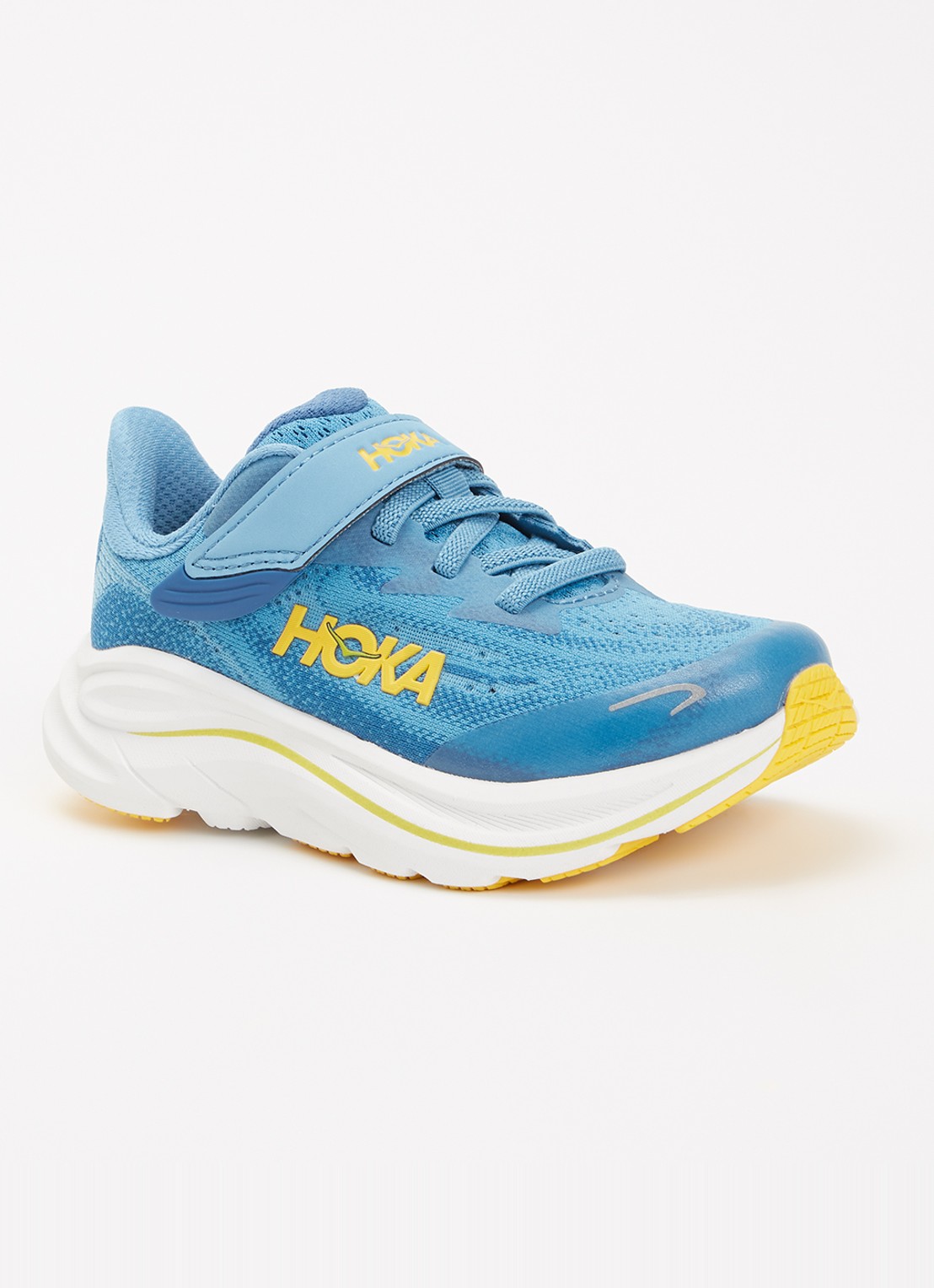 HOKA Clifton 10 hardloopschoen met gebreid bovenwerk en logo - voorkant 2 blauw