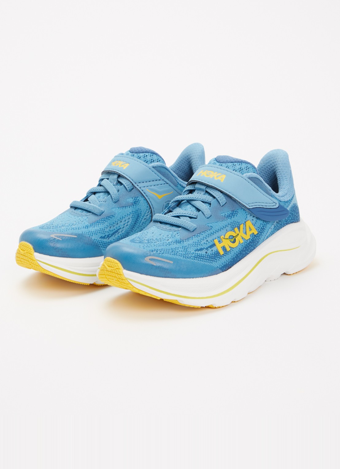 HOKA Clifton 10 hardloopschoen met gebreid bovenwerk en logo - voorkant 3 blauw
