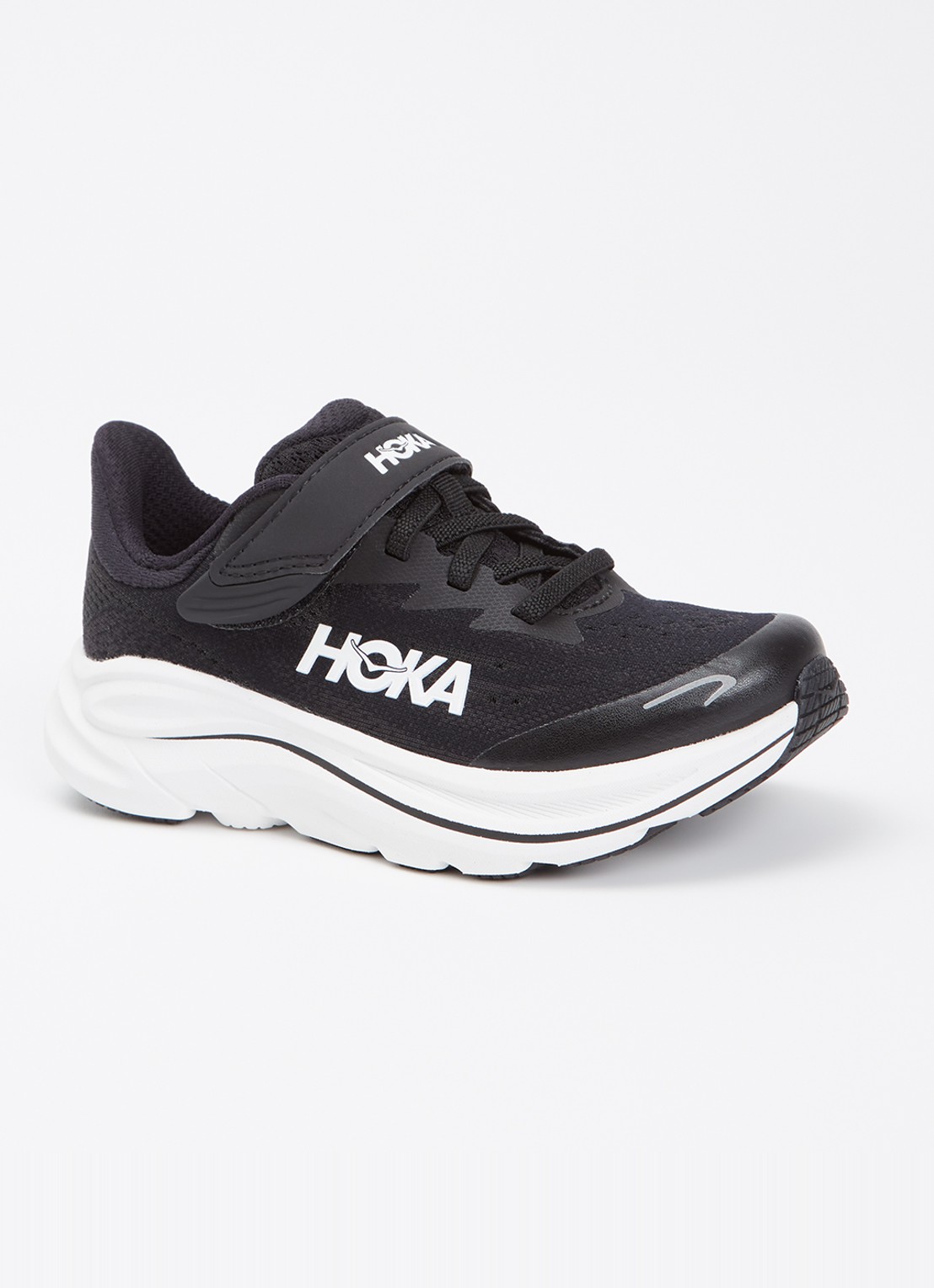 HOKA Clifton 10 hardloopschoen met gebreid bovenwerk en logo - voorkant 3 zwart