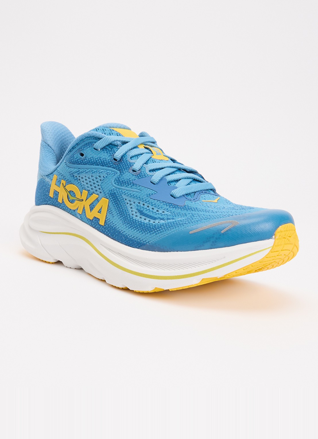 HOKA Clifton 10 hardloopschoen met gebreid bovenwerk en logo - voorkant 5 donkerblauw