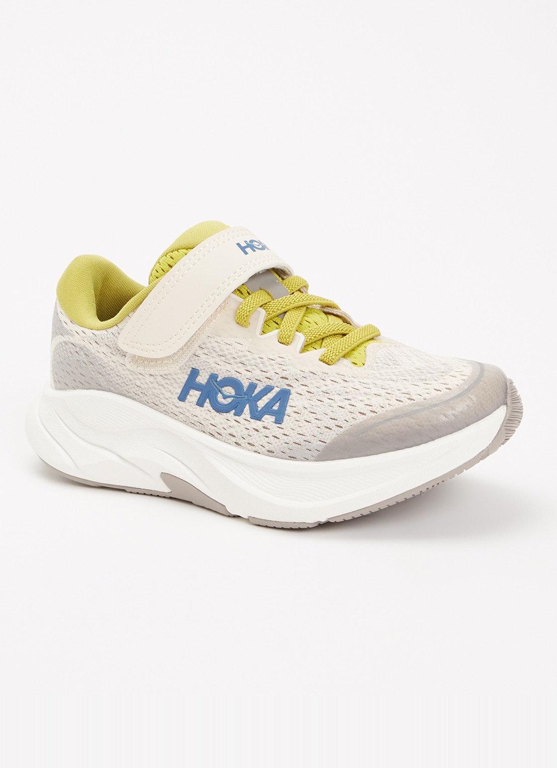 HOKA Rincon 4 hardloopschoen met gebreid bovenwerk en logo - voorkant lichtgrijs