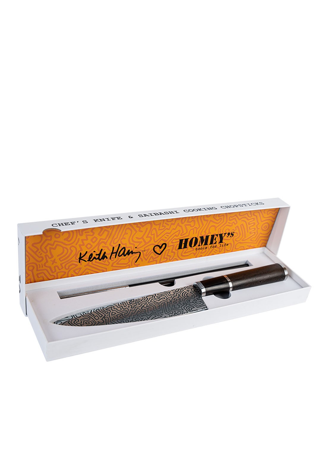 Homey's Keith Haring koksmes met chopsticks in cadeauverpakking  - voorkant 3 donkerbruin