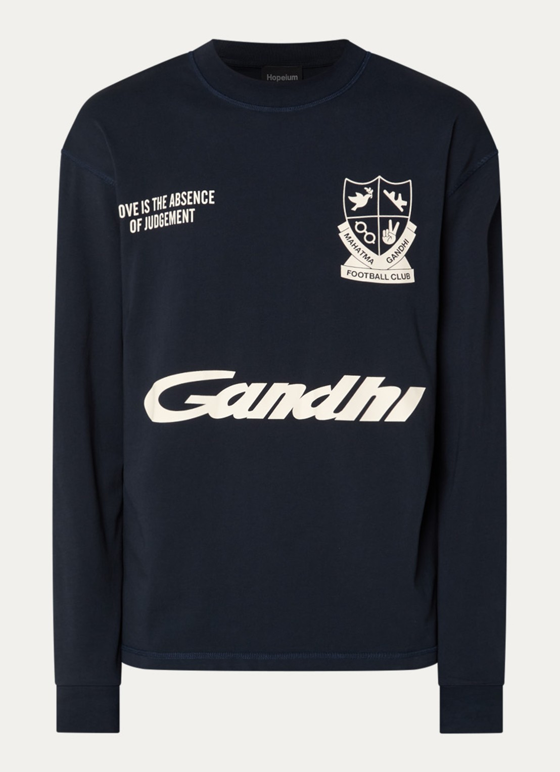 Hopeium Ghandi longsleeve met front- en backprint - voorkant 2 donkerblauw