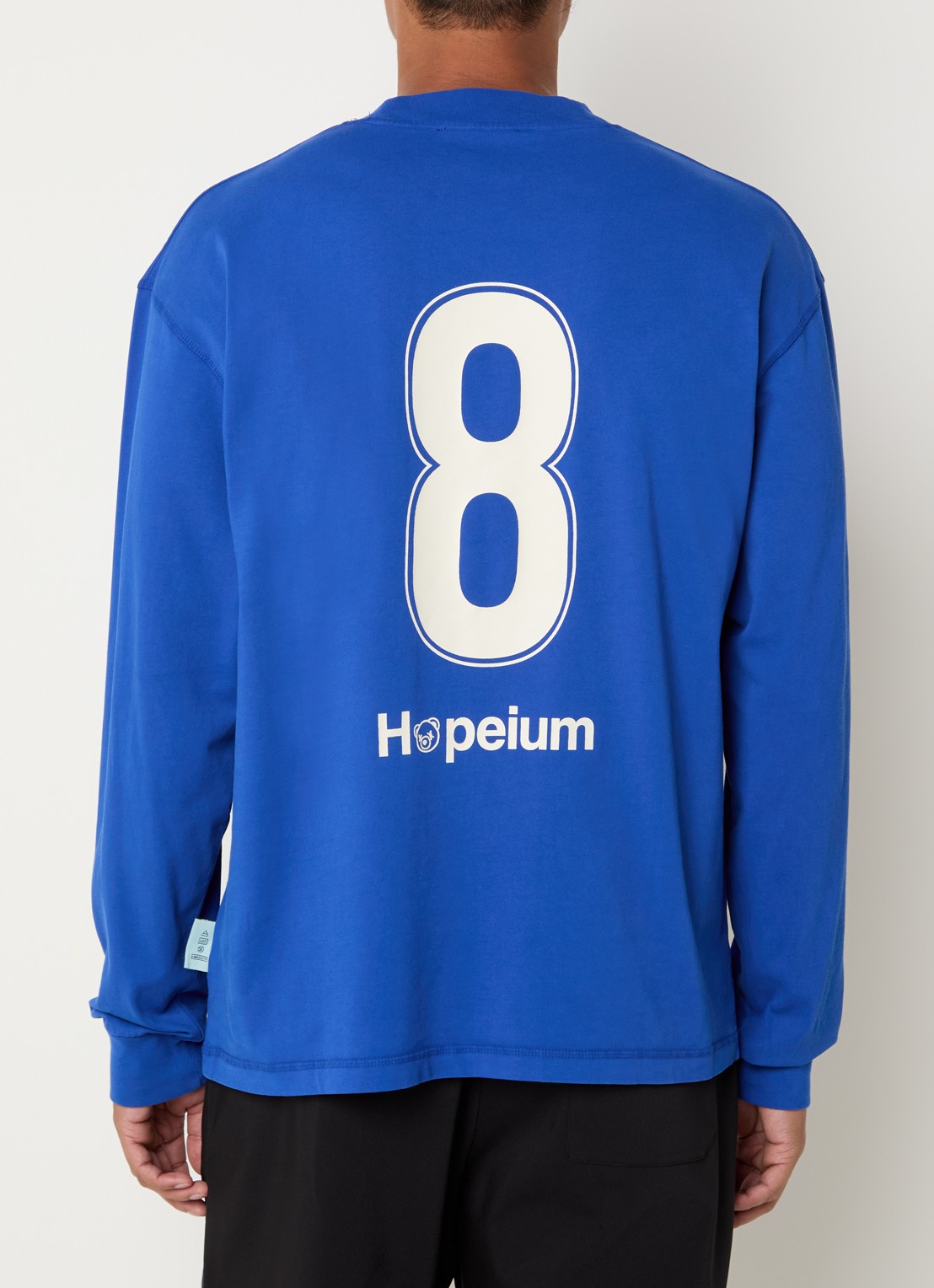 Hopeium Ghandi longsleeve met front- en backprint - detail 3 kobaltblauw