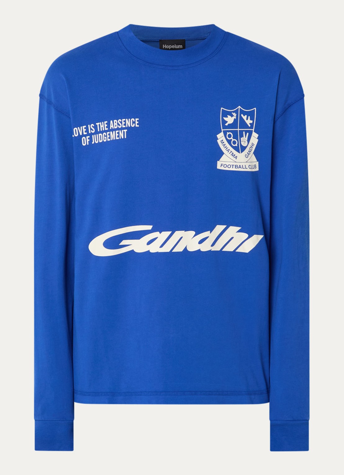 Hopeium Ghandi longsleeve met front- en backprint - voorkant kobaltblauw