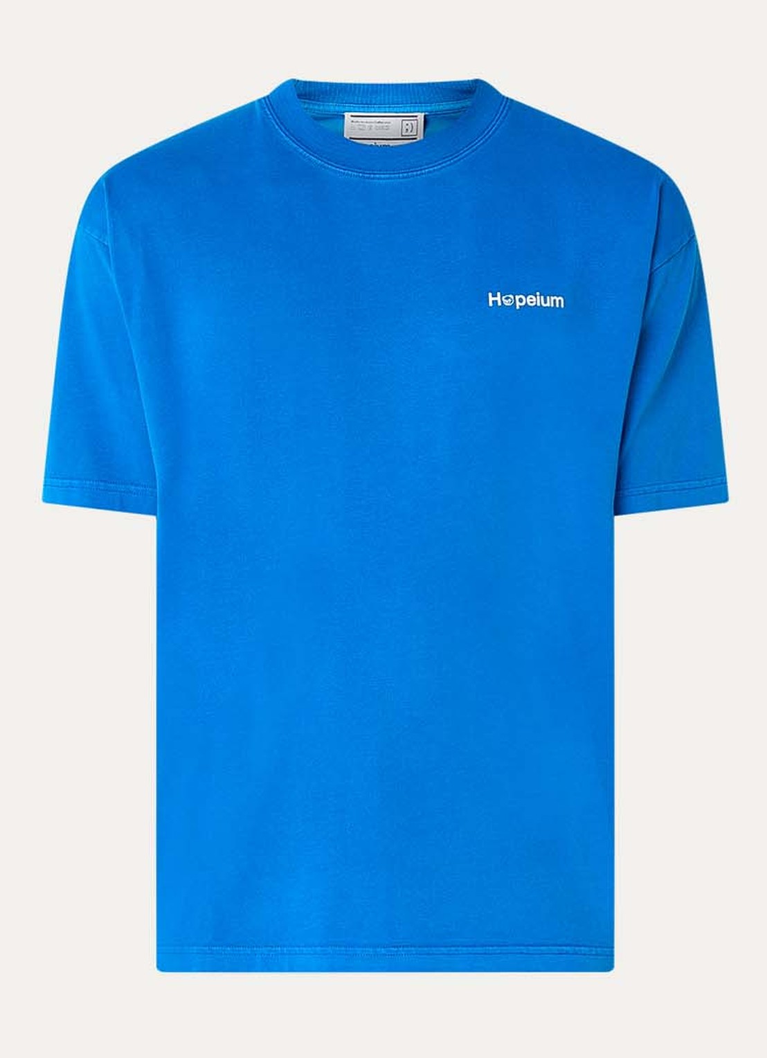 Hopeium T-shirt met logo- en backprint - voorkant blauw