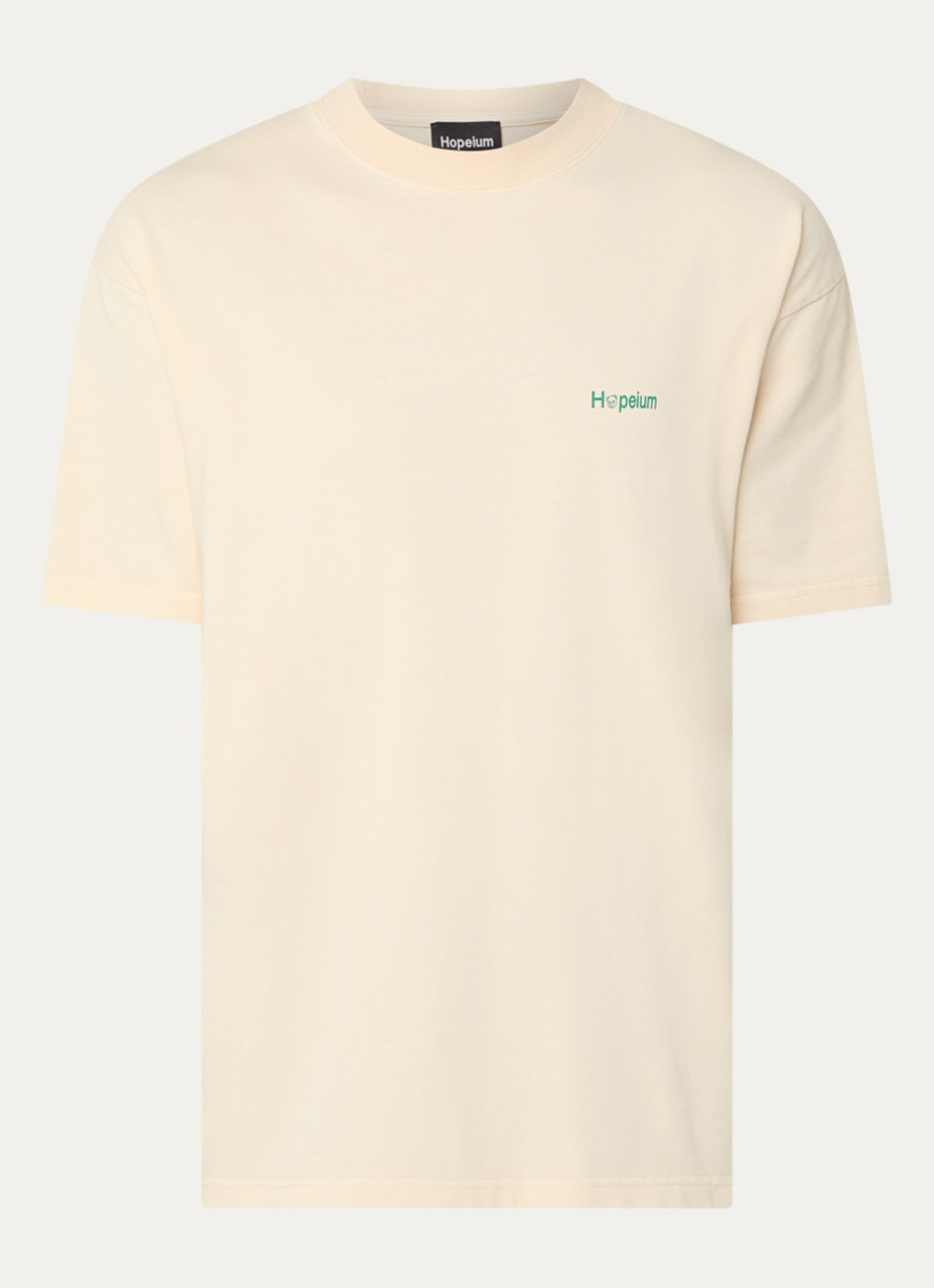 Hopeium T-shirt met logo- en backprint - voorkant 2 lichtgeel