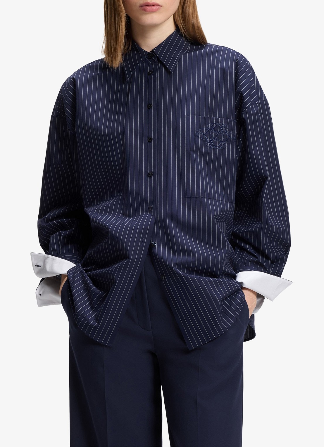 HUGO Blouse met krijtstreep - detail 4 donkerblauw