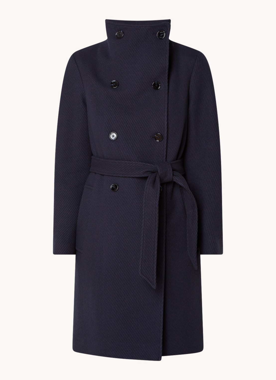 HUGO BOSS Cedandy1 double-breasted mantel in wolblend met strikceintuur - voorkant donkerblauw