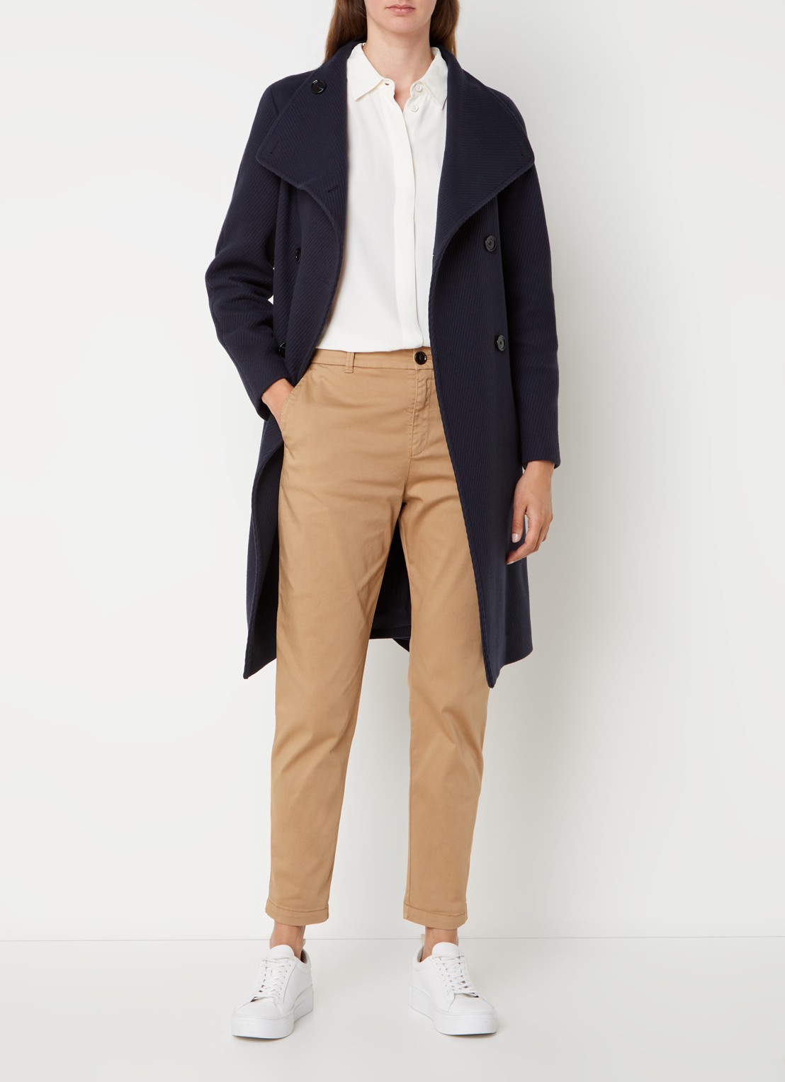 HUGO BOSS Cedandy1 double-breasted mantel in wolblend met strikceintuur - voorkant 2 donkerblauw