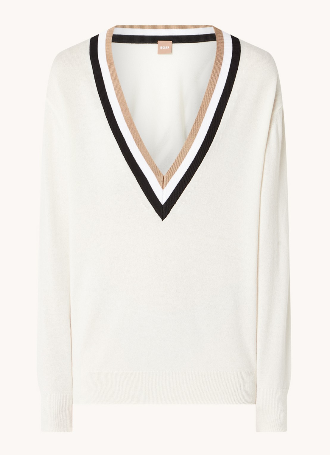 HUGO BOSS Felipina fijngebreide pullover in kasjmierblend met V-hals - voorkant 2 gebroken wit
