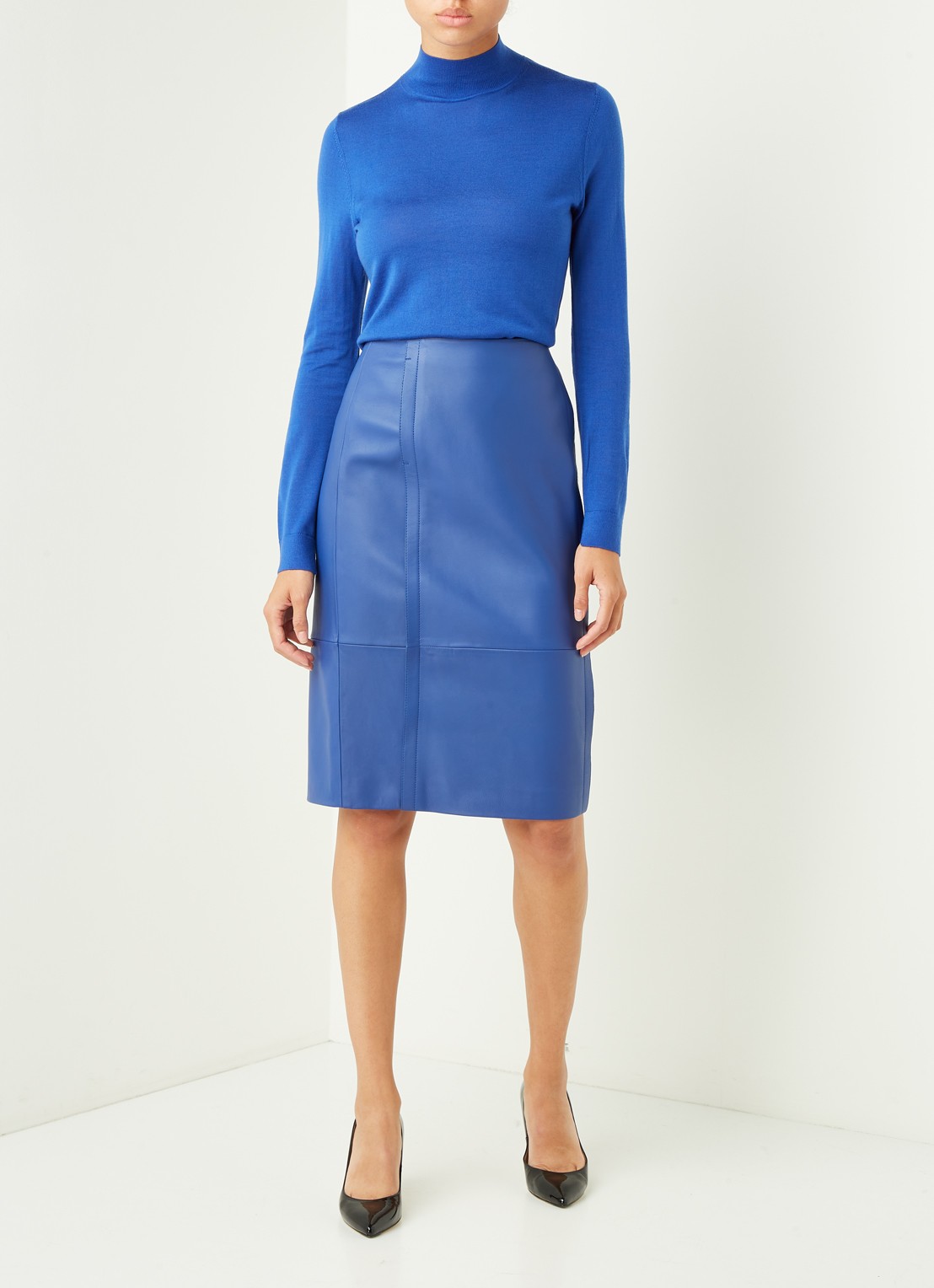 HUGO BOSS Sepassa midirok van leer met doorgestikte details - voorkant 2 paars