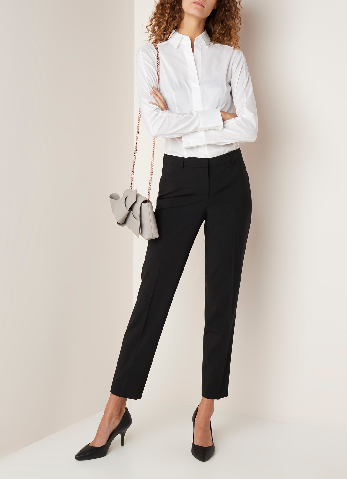 HUGO BOSS Tiluna mid waist slim fit cropped pantalon in wolblend - voorkant 2 zwart