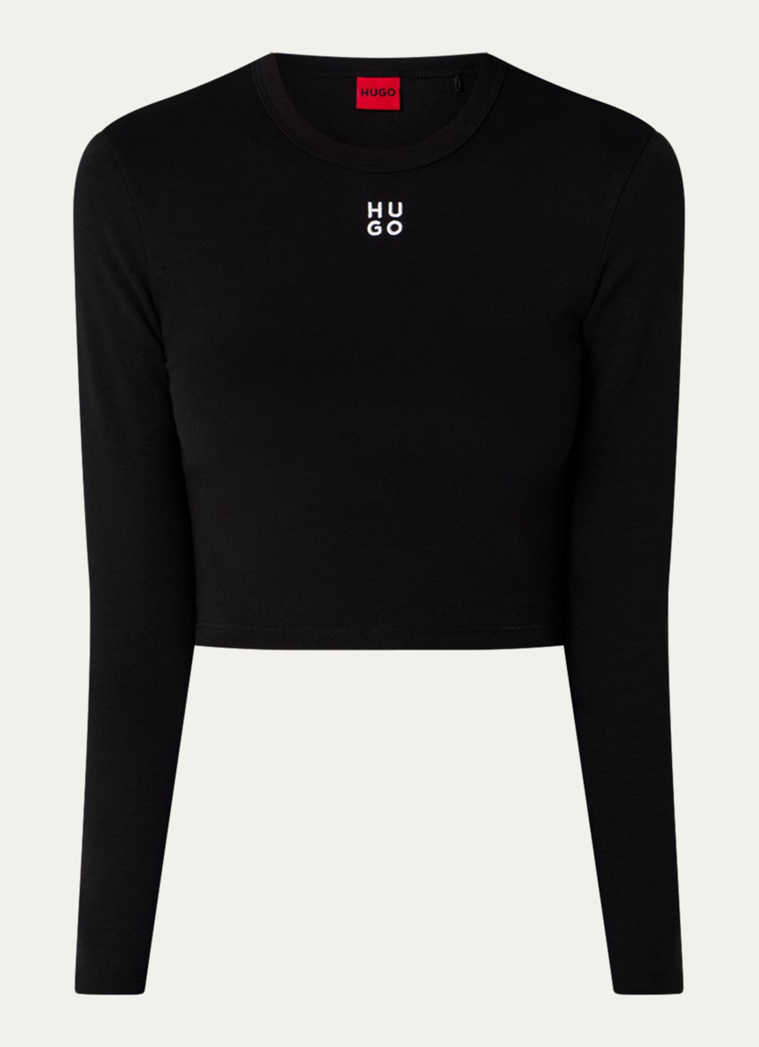 HUGO Dafilomena cropped longsleeve met logoborduring - voorkant 2 zwart