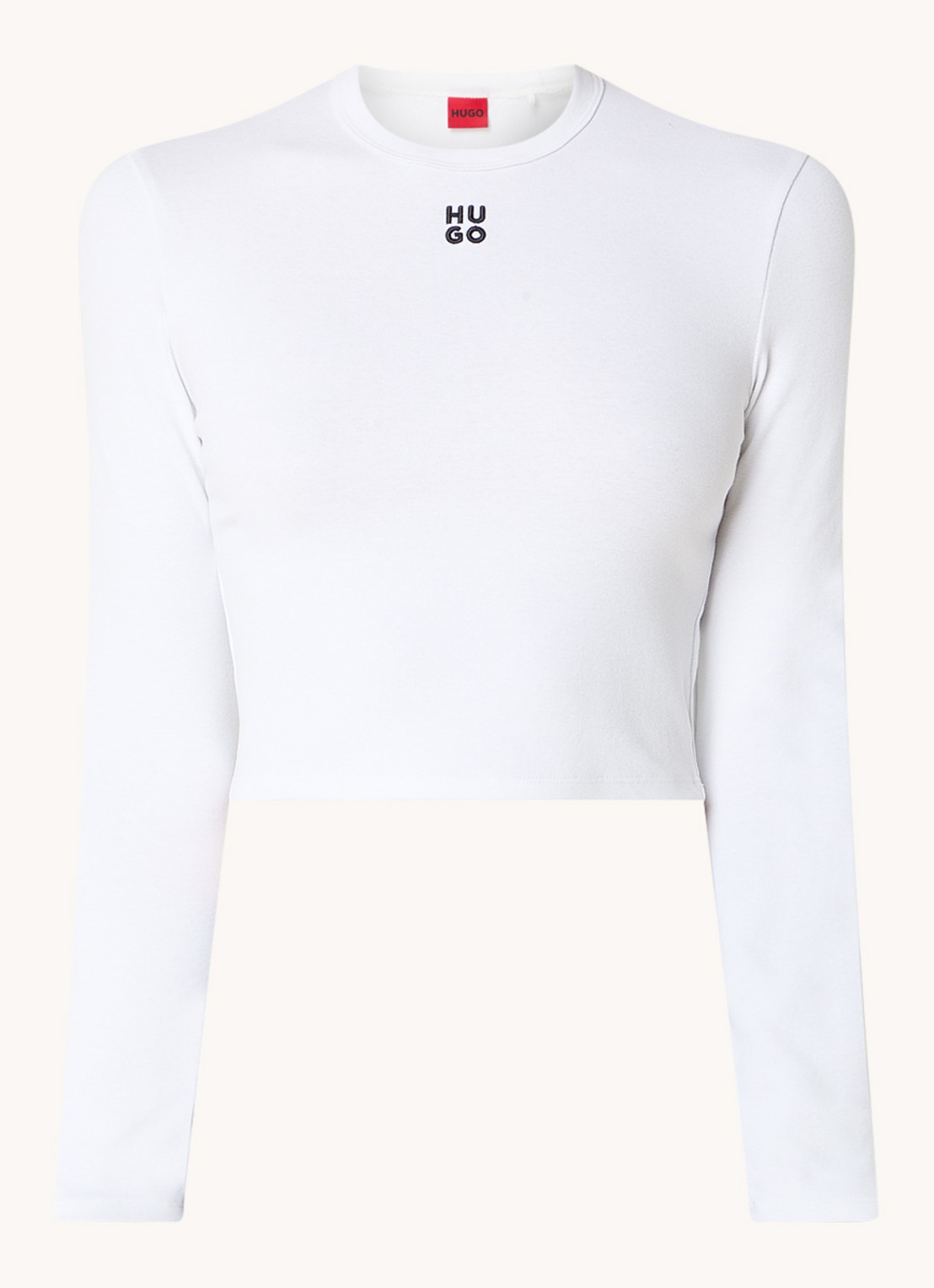 HUGO Dafilomena cropped longsleeve met logoborduring - voorkant wit