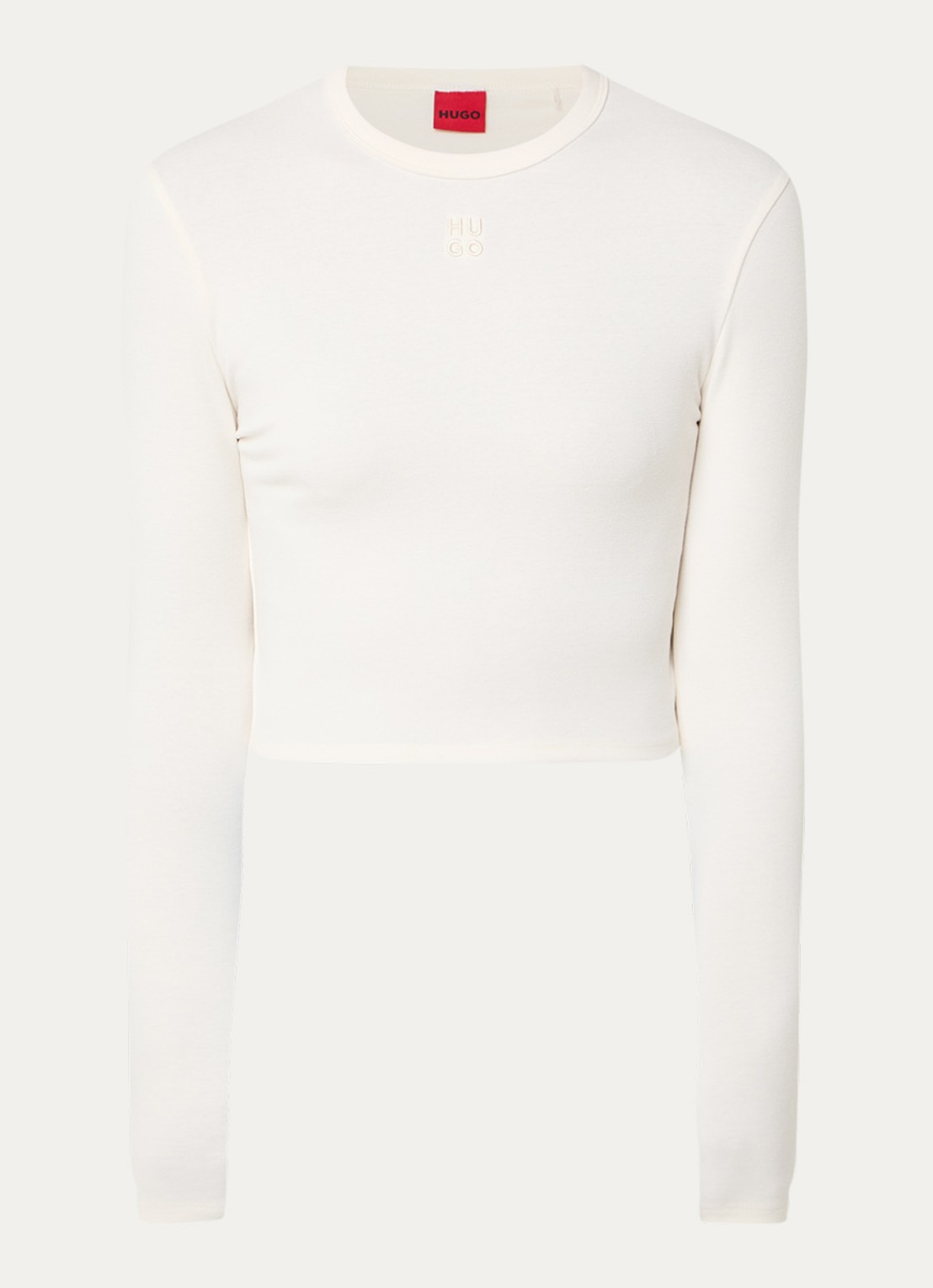 HUGO Dafilomena cropped longsleeve met logoborduring - voorkant creme