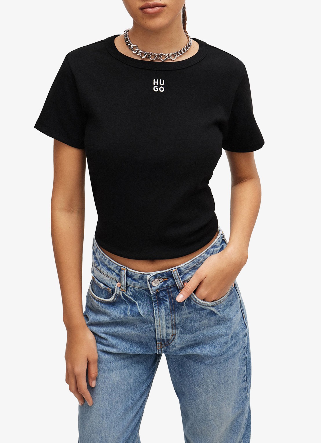 HUGO Deloris T-shirt met logoborduring - detail 4 zwart