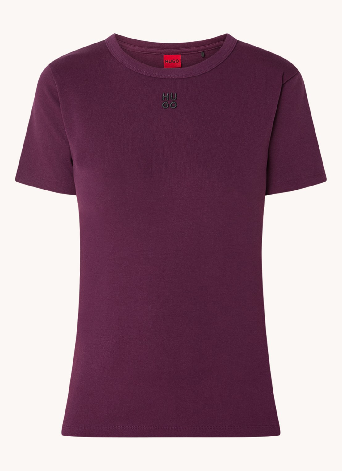 HUGO Deloris T-shirt met logoborduring - voorkant 2 aubergine