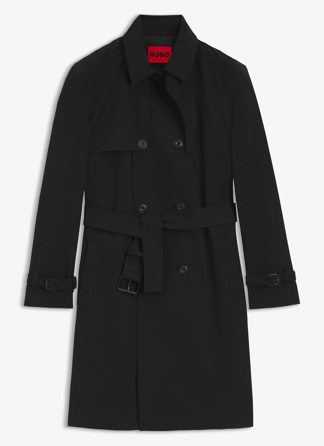 HUGO Double-breasted trenchcoat met strikceintuur - voorkant zwart