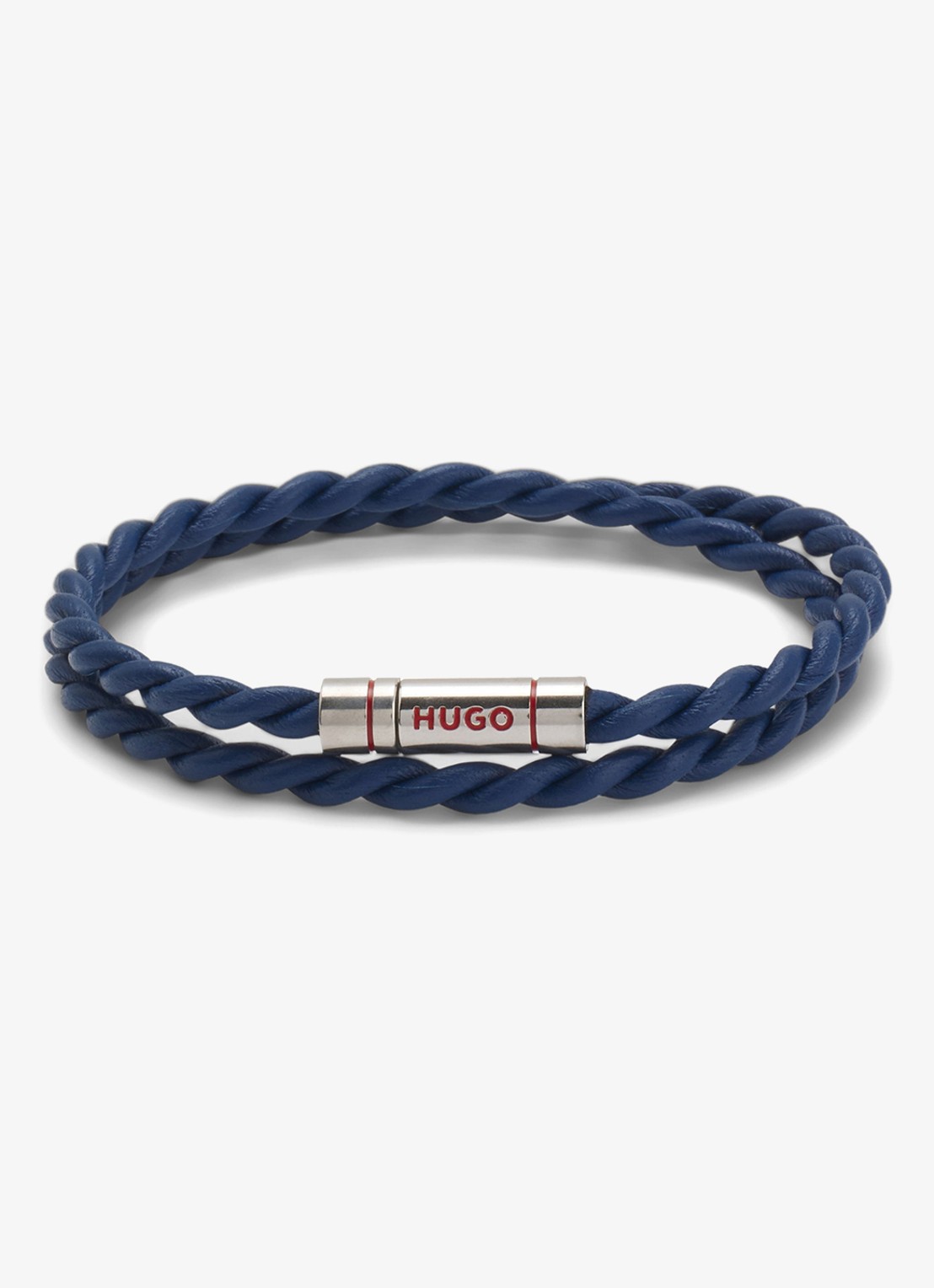 HUGO Dubbelgewikkelde armband van gevlochten leer - voorkant 2 donkerblauw