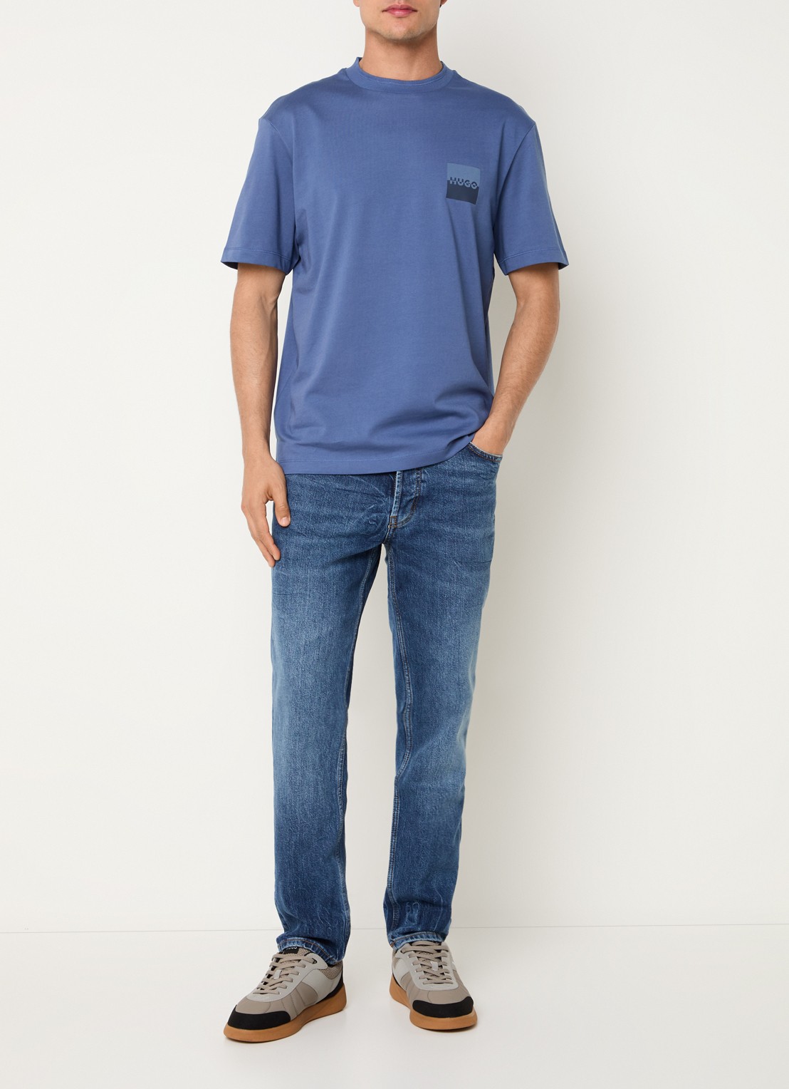 HUGO Dusplito T-shirt met logo- en backprint - voorkant 4 staalblauw