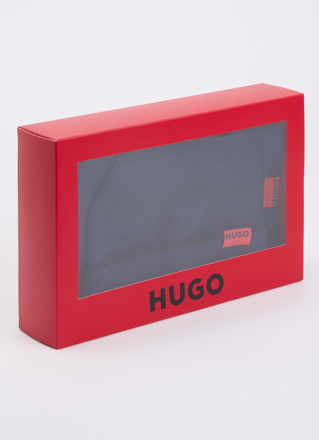 HUGO Fijngebreide muts en sjaal 172 x 23 cm in giftbox - voorkant royalblauw