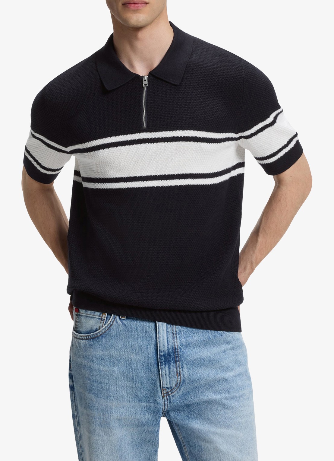 HUGO Fijngebreide polo met halve rits - detail 2 dark blue-405 / blauw