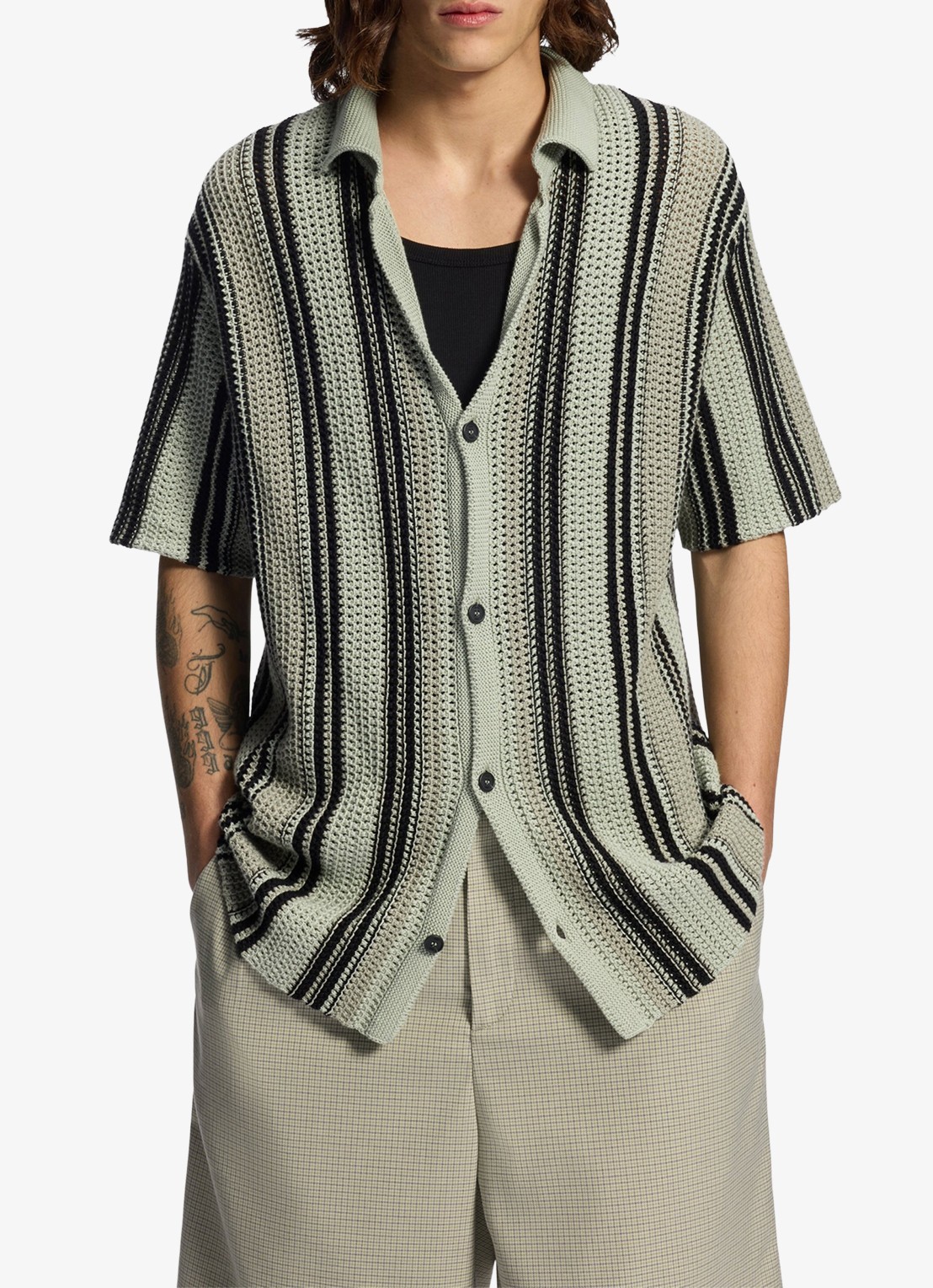 HUGO Grofgebreid vest met streepprint - detail 3 light/pastel green-331 / groen