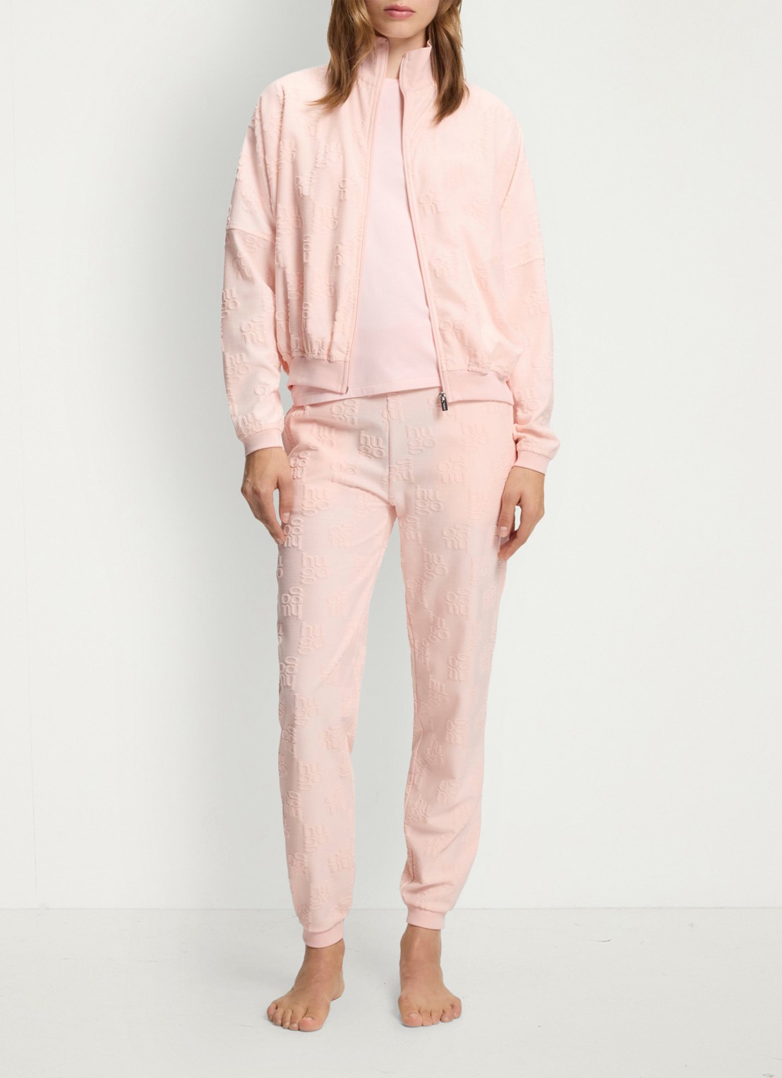 HUGO High waist tapered fit joggingbroek met logoborduring - voorkant 5 light /pastel pink-688 / roze
