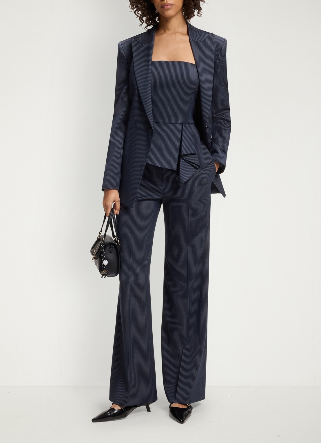 HUGO High waist wide fit pantalon met krijtstreep - voorkant 6 donkerblauw
