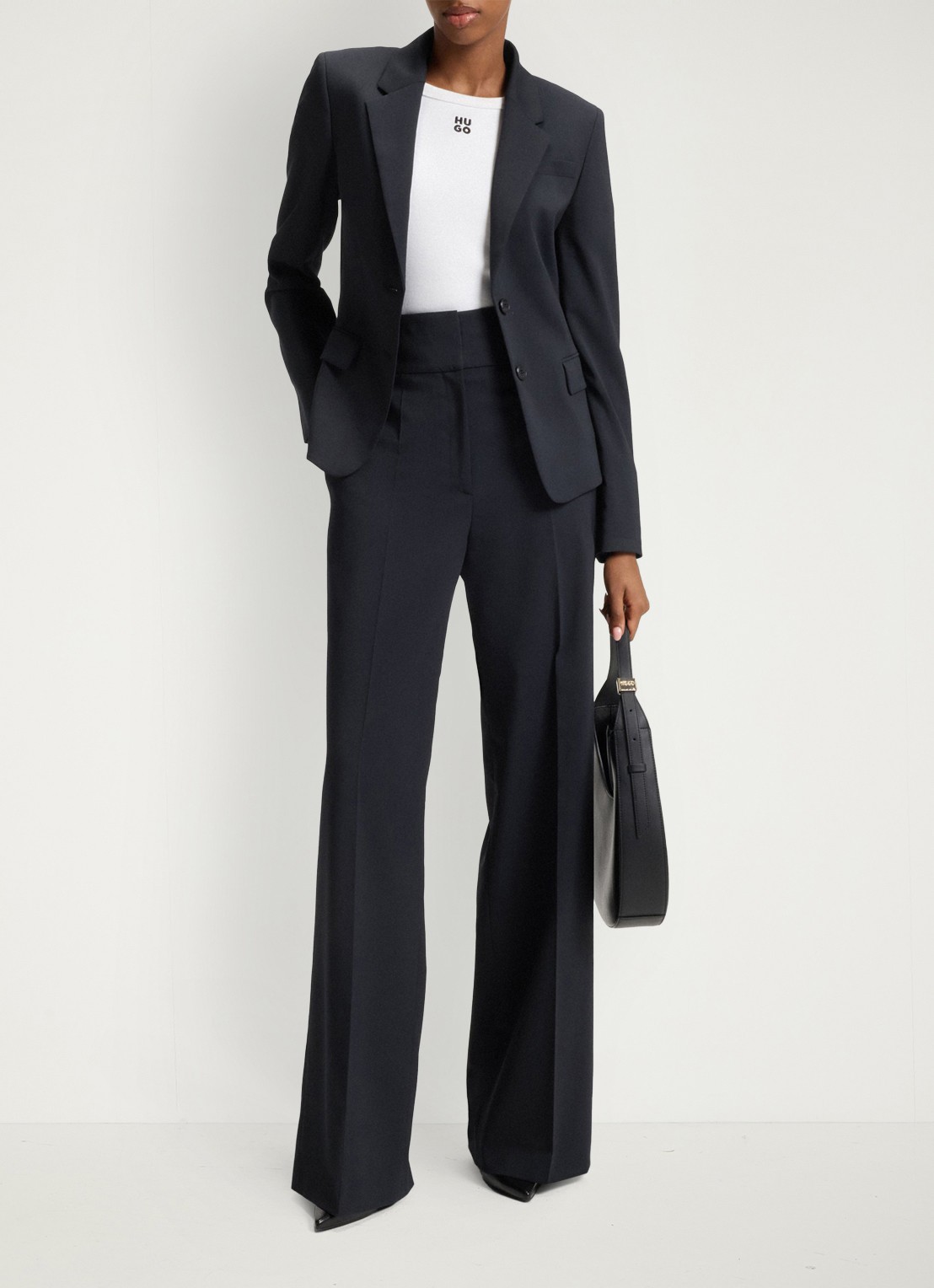 HUGO Himia high waist straight fit pantalon in wolblend met steekzakken - voorkant 2 donkerblauw