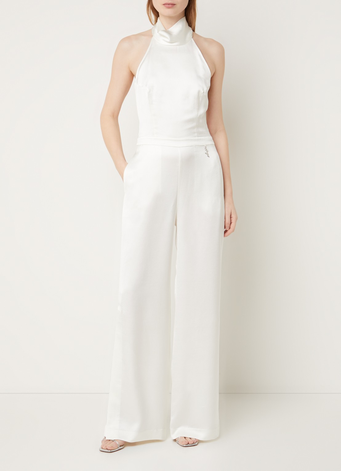 HUGO Ketania wide fit jumpsuit van satijn - detail 4 gebroken wit