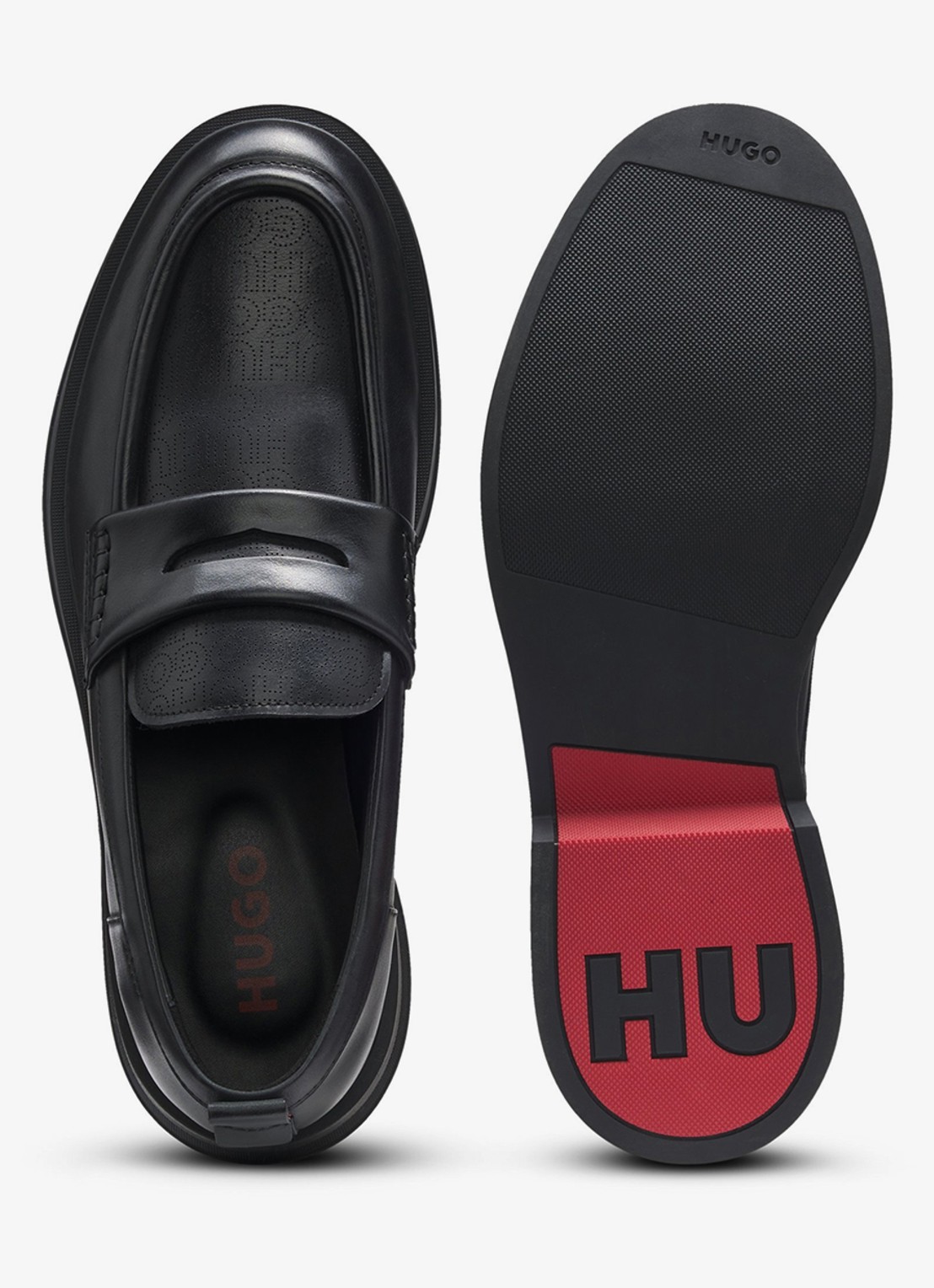 HUGO Loafer van leer met logo - detail zwart