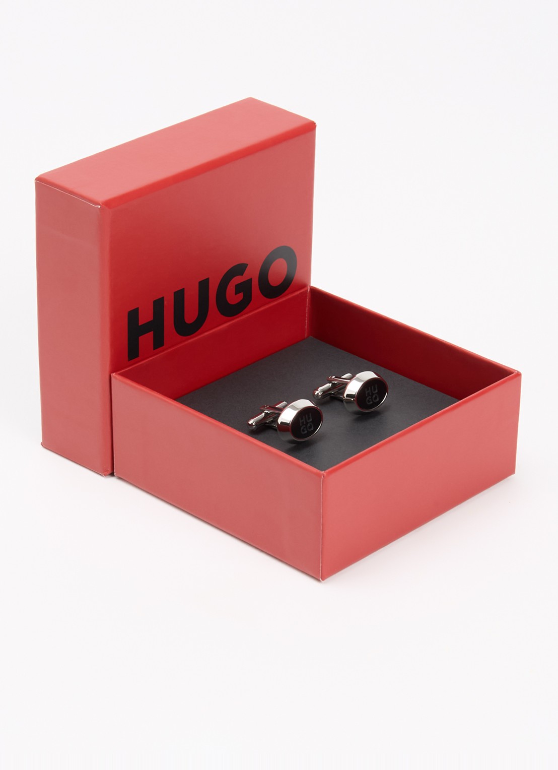 HUGO Manchetknopen met logo   - voorkant 4 zilver