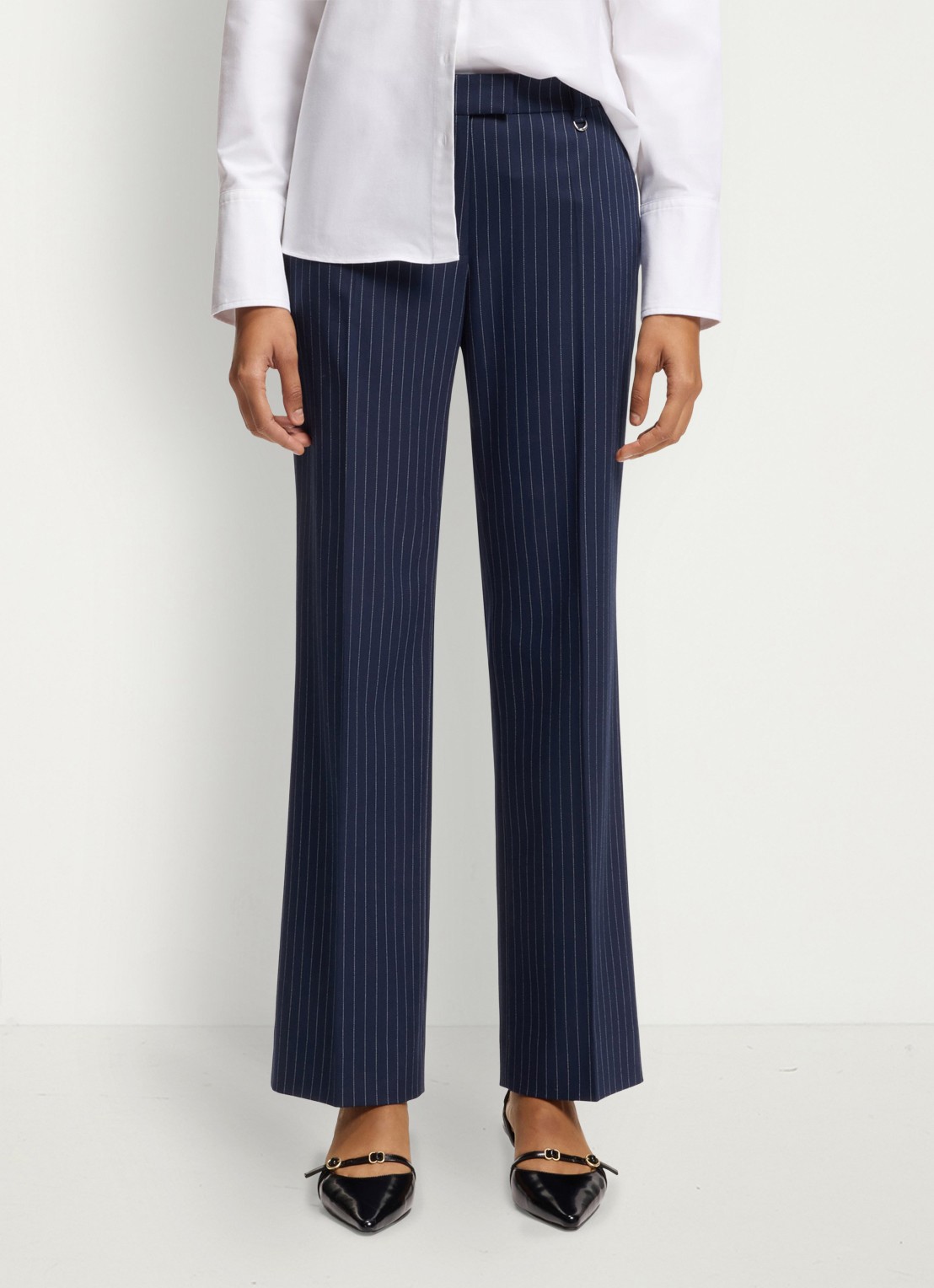 HUGO Mid waist flared fit pantalon met streepprint - detail 4 donkerblauw