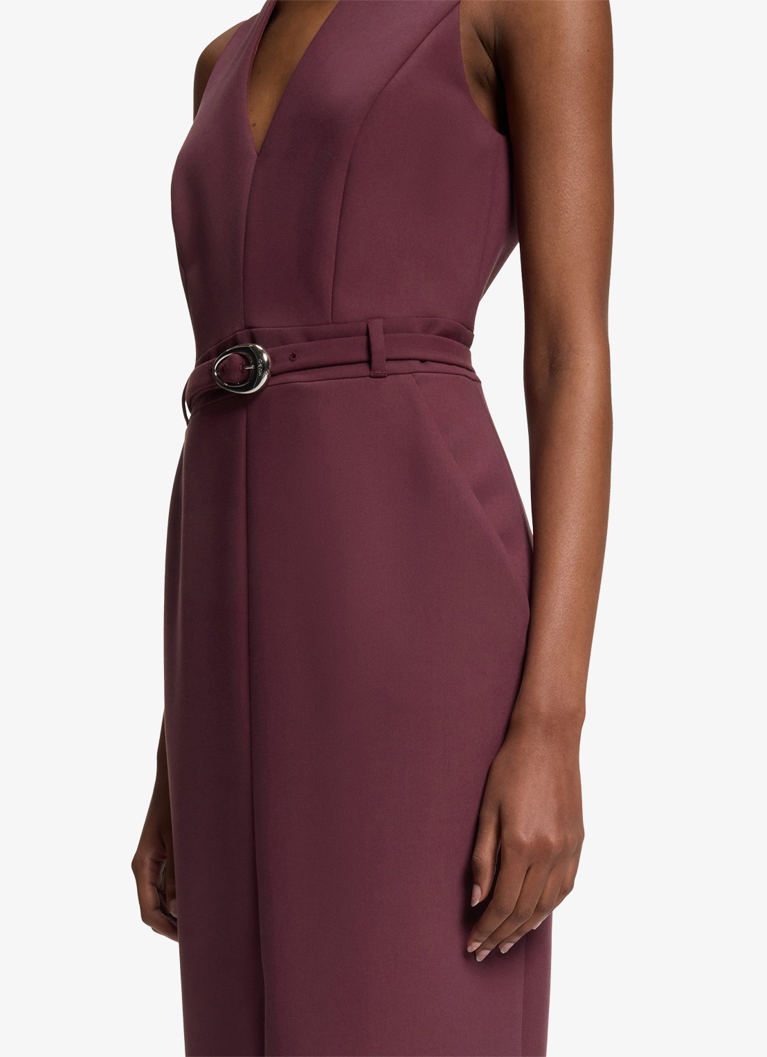 HUGO Midi jurk met V-hals en ceintuur - detail 5 aubergine