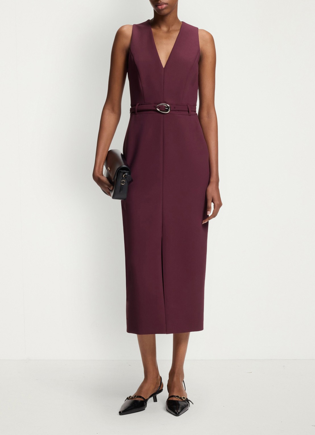 HUGO Midi jurk met V-hals en ceintuur - voorkant 2 aubergine