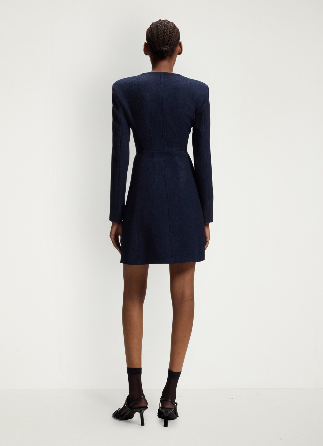 HUGO Mini blousejurk van bouclé met v-hals - achterkant donkerblauw