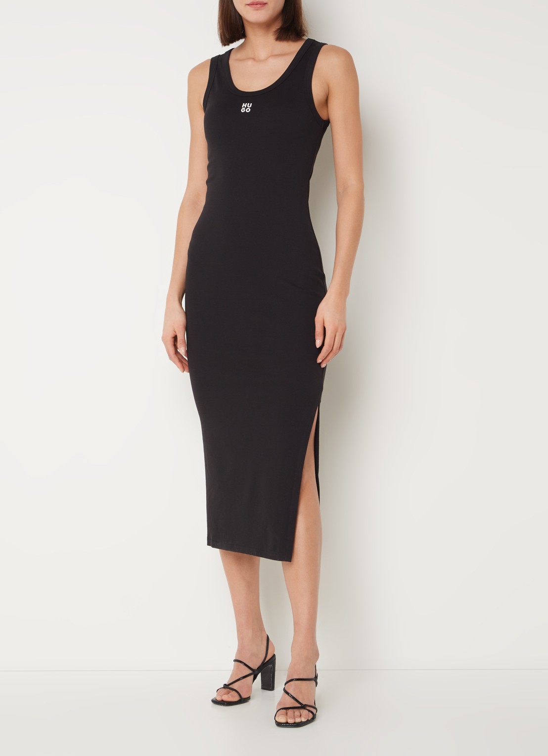 HUGO Nalimera midi kokerjurk met logo en split - detail 4 black-001 / zwart