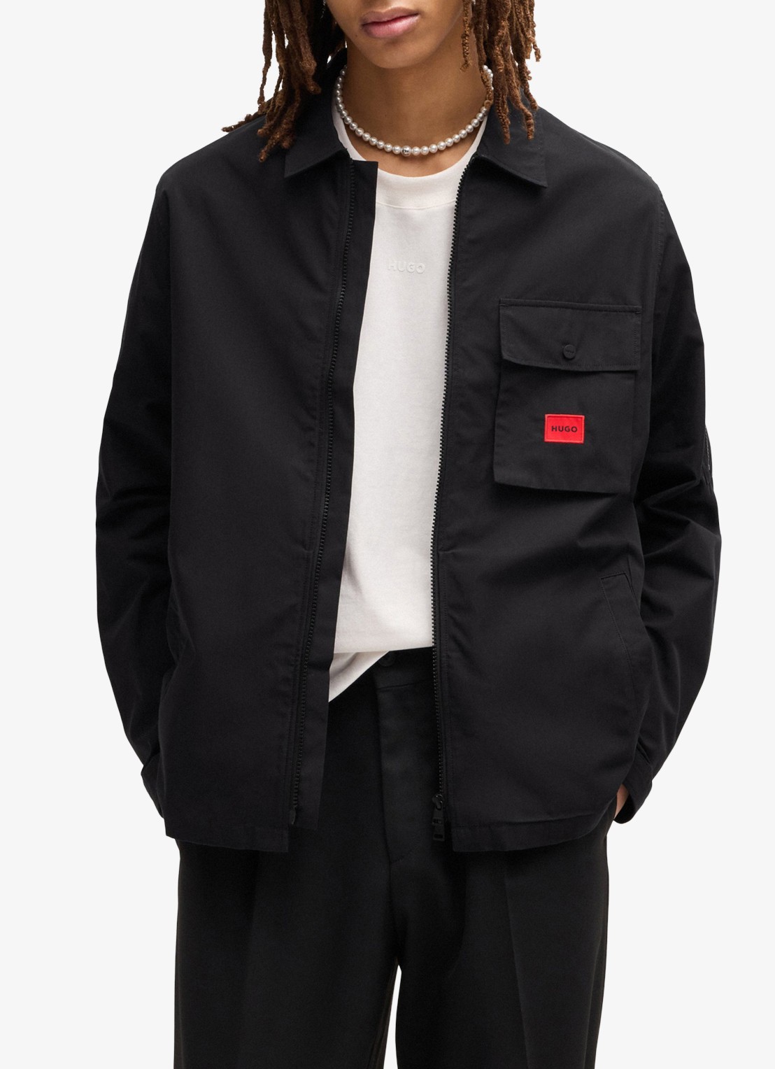 HUGO Overshirt van canvas en een katoenmix met ritssluiting en logolabel - detail 2 black-001 / zwart