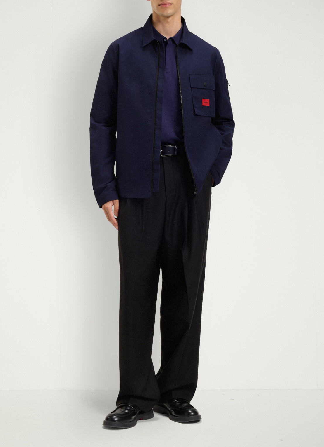 HUGO Overshirt van canvas en een katoenmix met ritssluiting en logolabel - voorkant 6 navy-418 / blauw